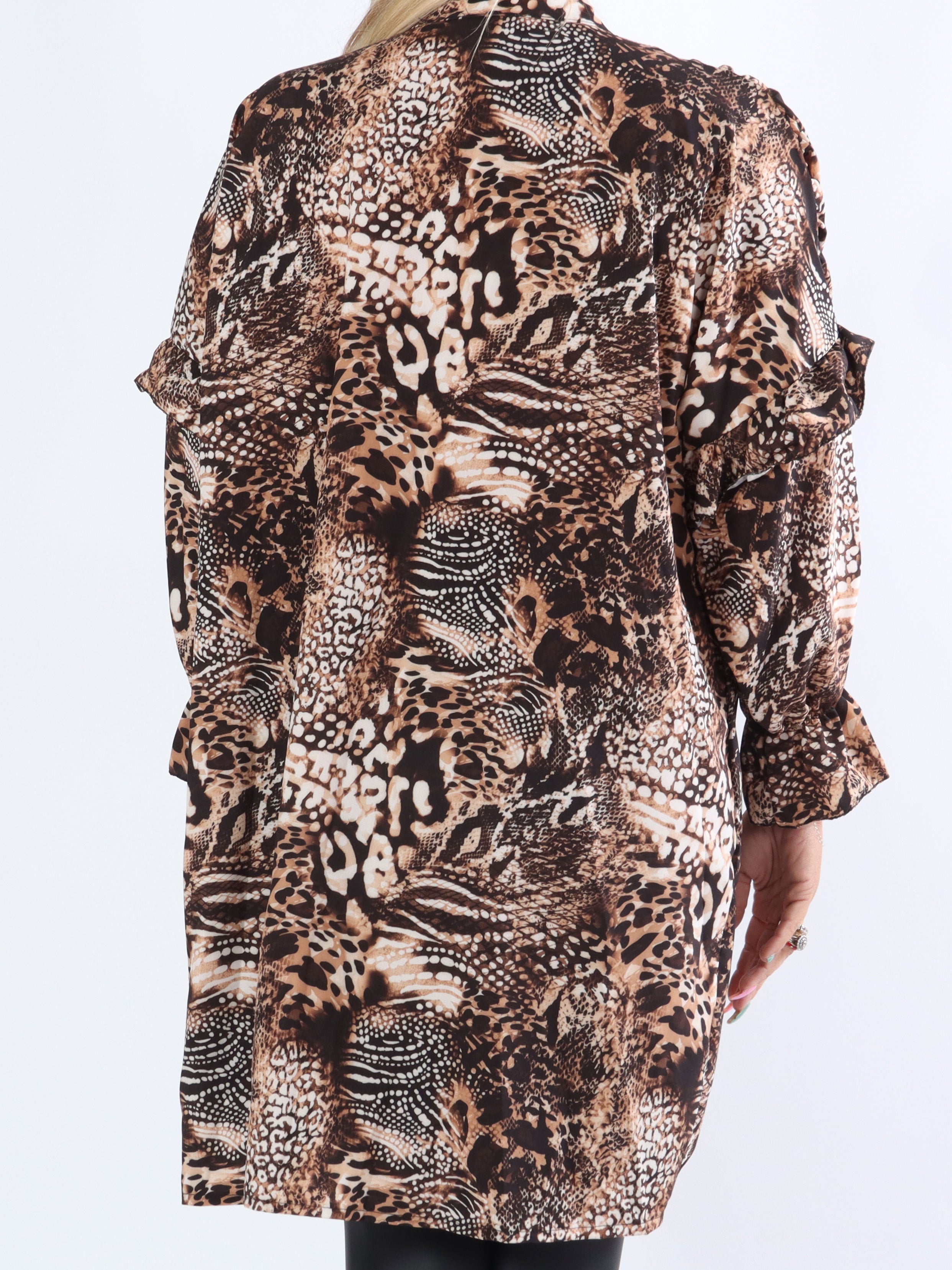 Monica Animal - Tunica-klänning i djurtryck med volanger